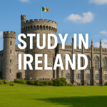 Medieval Irish castle with Irish flag and bold white text reading 'Study in Ireland' on a sunny day with blue skies and green lawn.