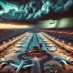 Middle Eastern airport, showing multiple grounded airplanes