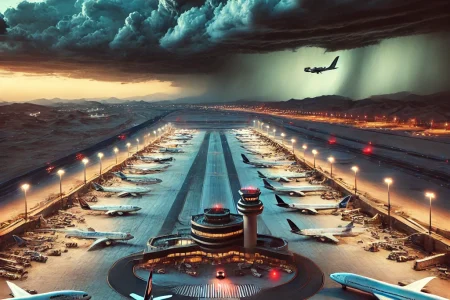 Middle Eastern airport, showing multiple grounded airplanes