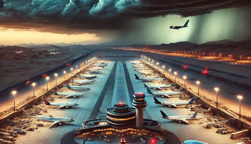 Middle Eastern airport, showing multiple grounded airplanes