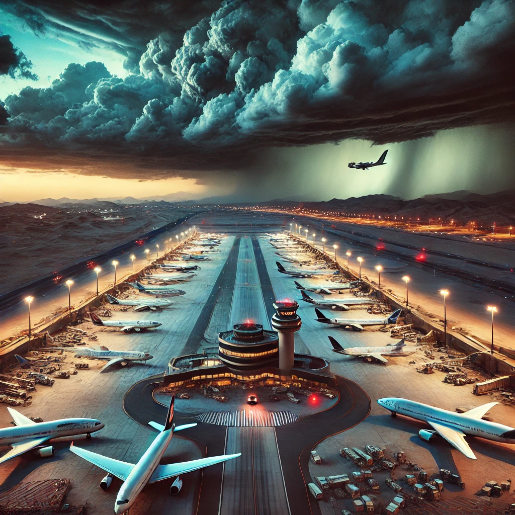 Middle Eastern airport, showing multiple grounded airplanes